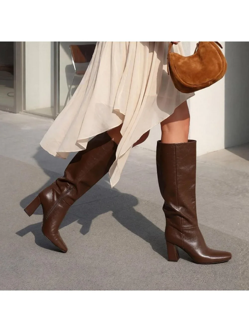 Women's Brown Sleek Modern Style Block Heel Square Toe Knee High Boots